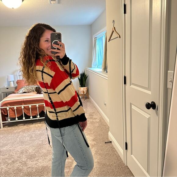 3.1 Phillip Lim Red Black Ribbon Mohair Cardigan Sweater Medium - Picture 2 of 14